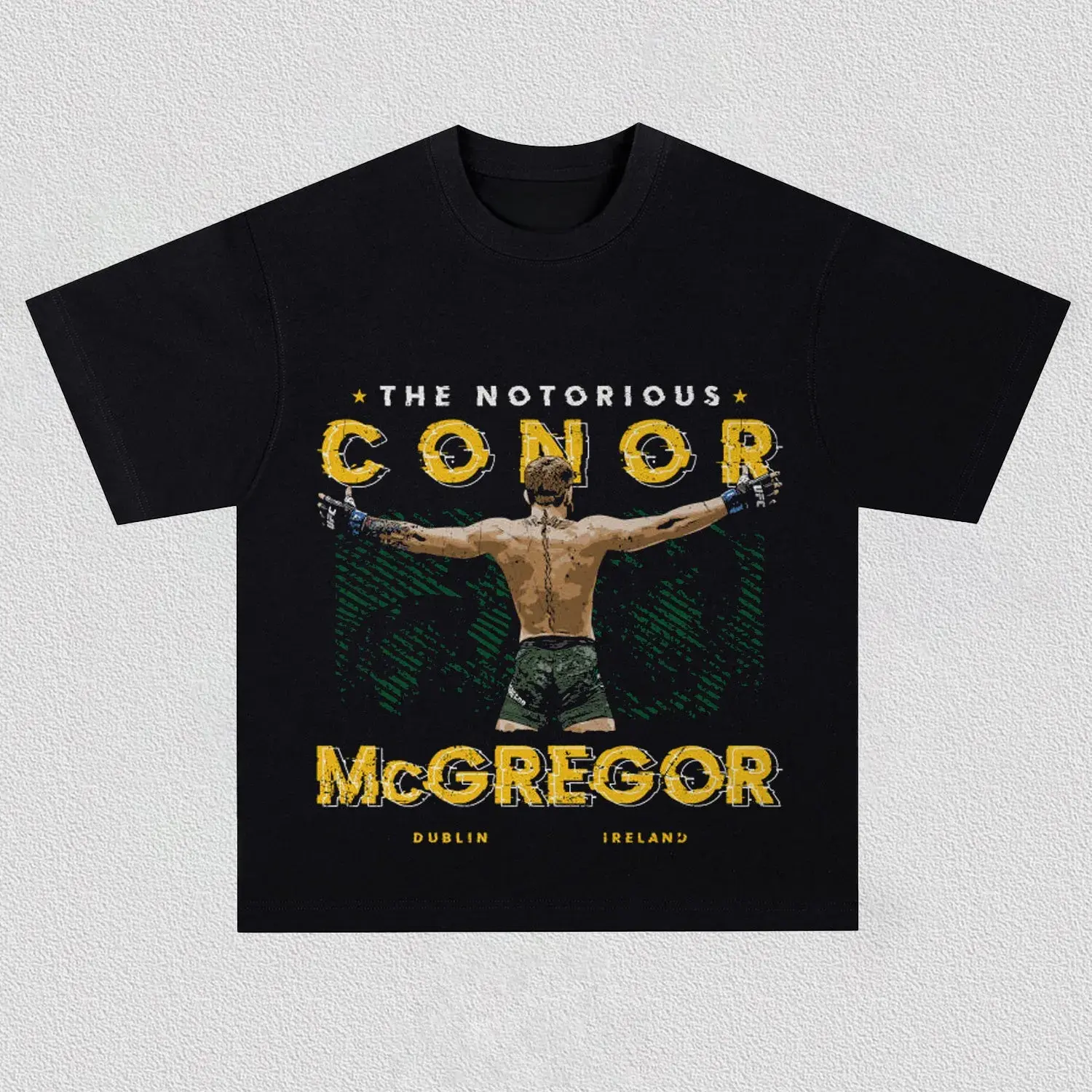 Vintage Bootleg Conor McGregor The Notorious Back View Tee, Cracked Yellow Letter Ireland Print, Heavyweight Boxy Oversized Unisex Black T-Shirt, UFC MMA Streetwear