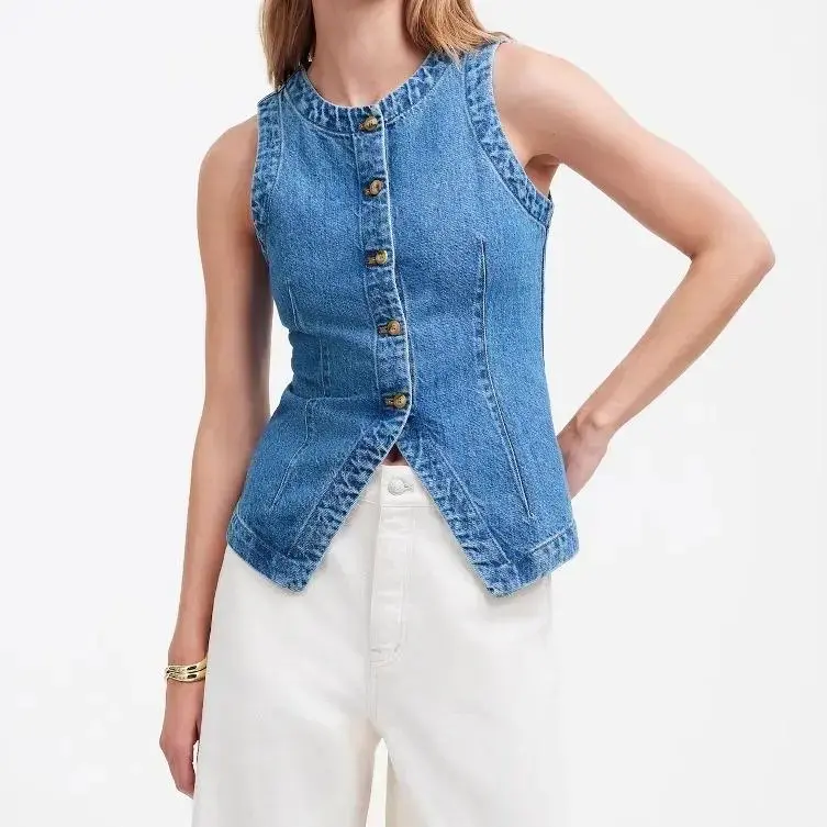2025 Summer New Sleeveless Slim Fit Denim Vest Women's Round Neck Waistcoat Vest Womenswear Tops jacketswomen