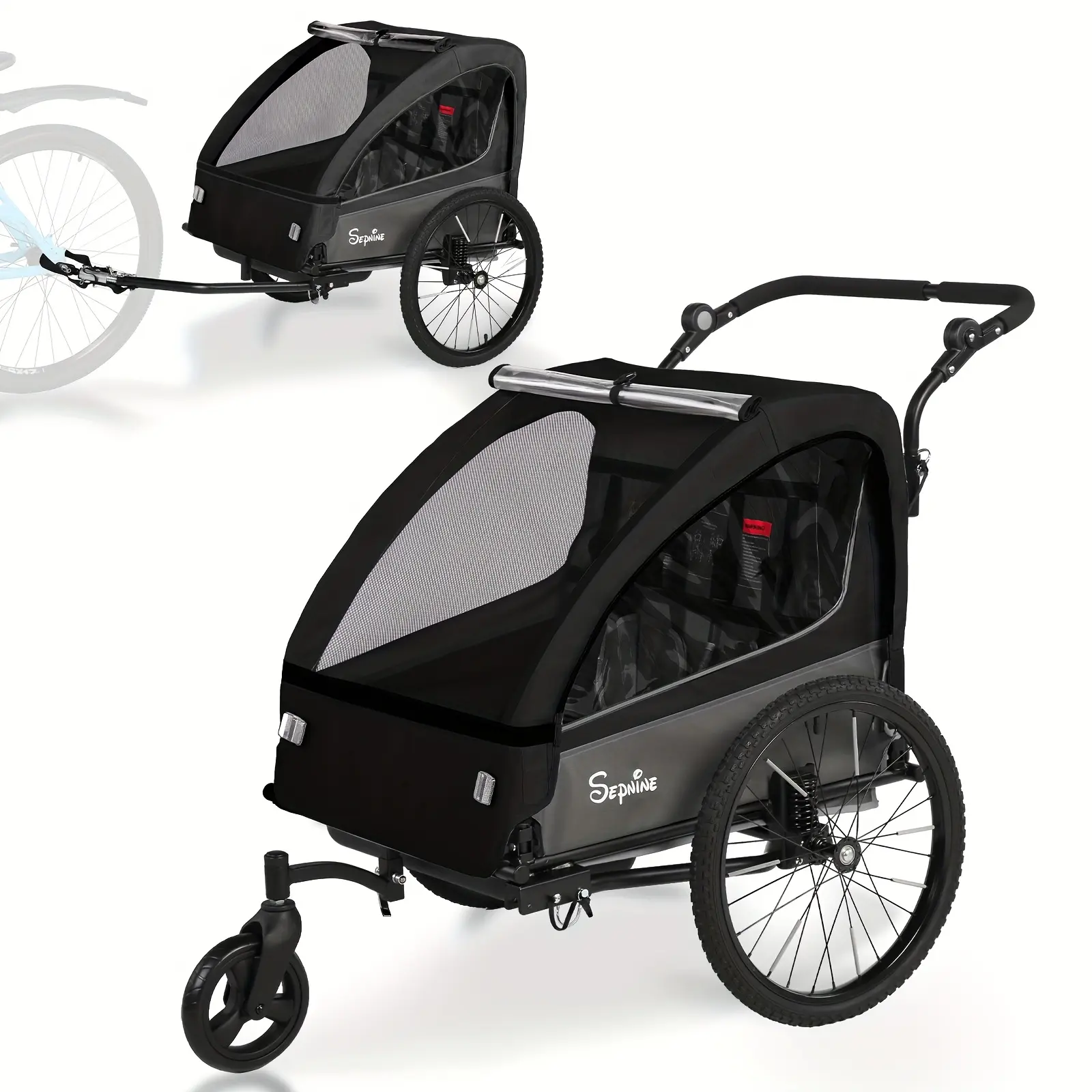 2in 1 Kids Bike Trailer And Stroller with Suspension Bike Trailer for 1 to 2 Children, Jogging Function, Foldable, 5-Point Harness, Spacious Storage, with Bug Screen And Weather Shield