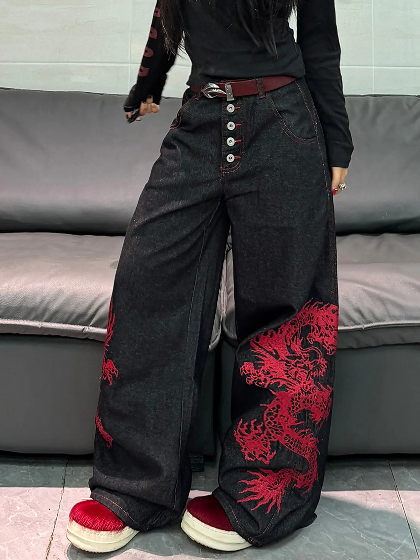 Women's Vintage Washed Denim Jeans, Dragon Embroidery High Waist Straight Leg, Y2K Streetwear Fashion, All Seasons, Halloween Gift