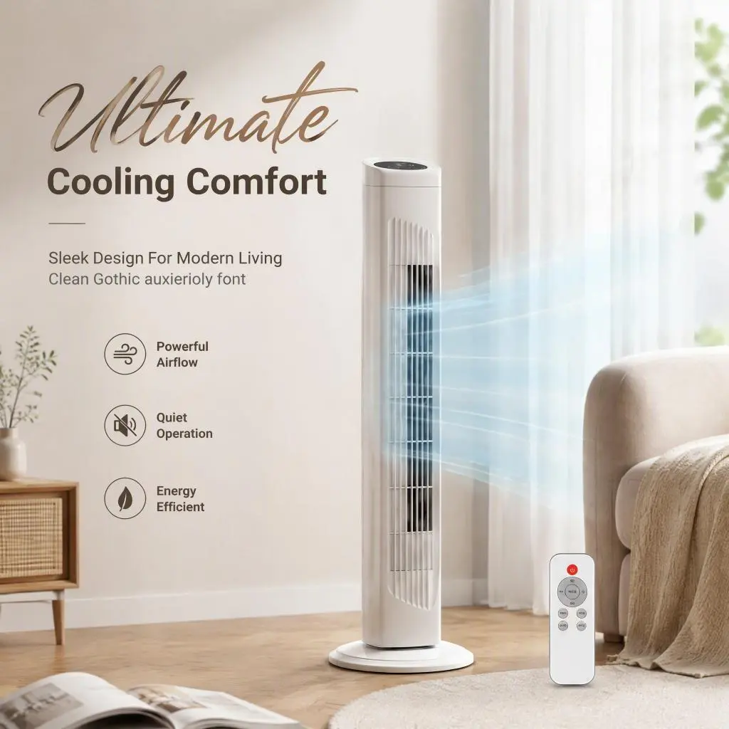 US Standard RTW-AR Tower Fan, 110V 45W, 32 Inch, Column Shape, White Plastic Body, Copper Motor, Touch & Remote Control, 3 Speeds, 3 Modes, Oscillating Function, 7.5-Hour Timer, For Home Use