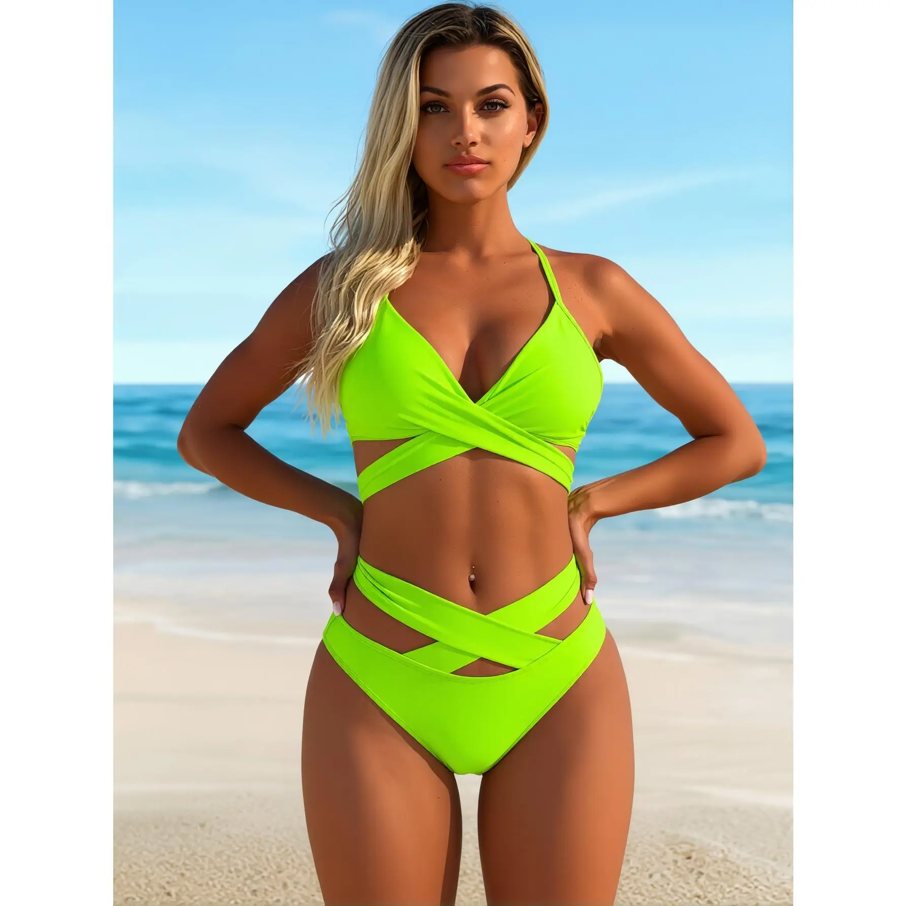 Women's Neon Green Crisscross Wrap Bikini Set, Cutout High Waist Two Piece Swimsuit