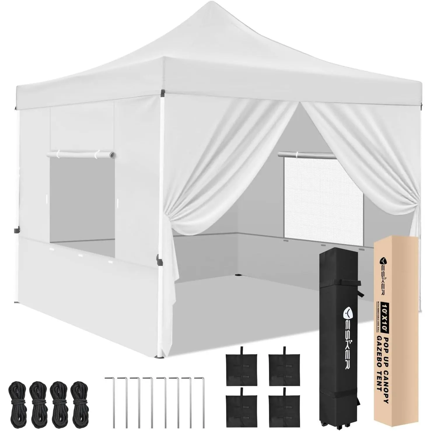 Yesker 10x10 ft Foldable Pop Up Canopy Tent - Sturdy, Adjustable, Waterproof Outdoor Gazebo with 8-Rib Cover, 4 Sidewalls, Base, Wheel Carry Bag, Sandbags for Backyard Events, Camping (6-10 People, White), Led Light, Square, With Base, 1X Sidewall With Zi