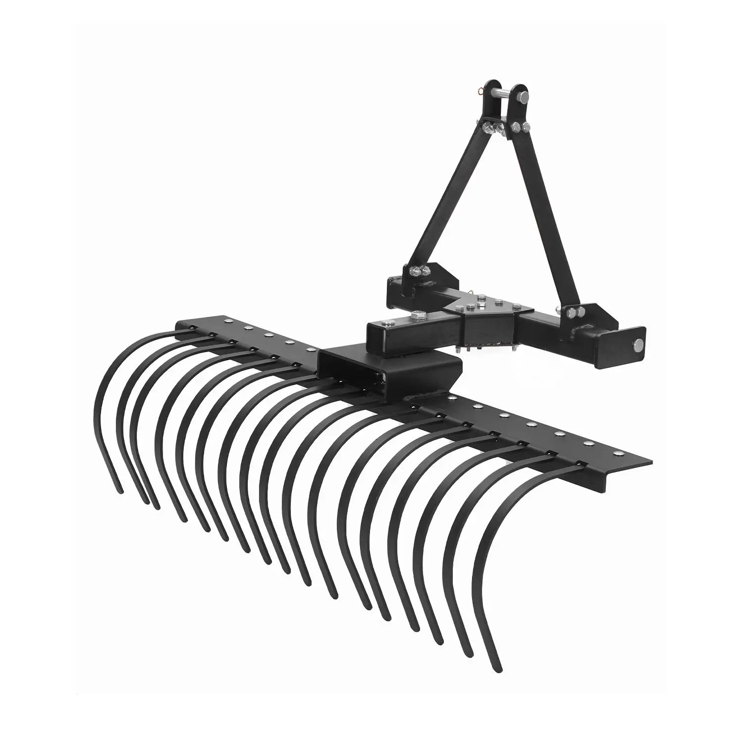 Garvee Heavy-Duty 50 in 3-Point Hitch Landscape Rock Rake Attachment for Category 0/1 Tractors - 360° Adjustable Angle - 17 Replaceable Spring Steel Tines - Quick-Mount Detachable