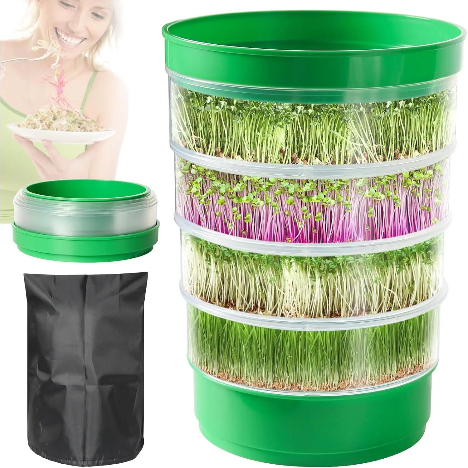 4-Tier Microgreens Growing Seed Sprouting Tray | Indoor Soil-Free System, BPA Free Seed Germination Kit, For Salad Greens, Alfalfa & Broccoli