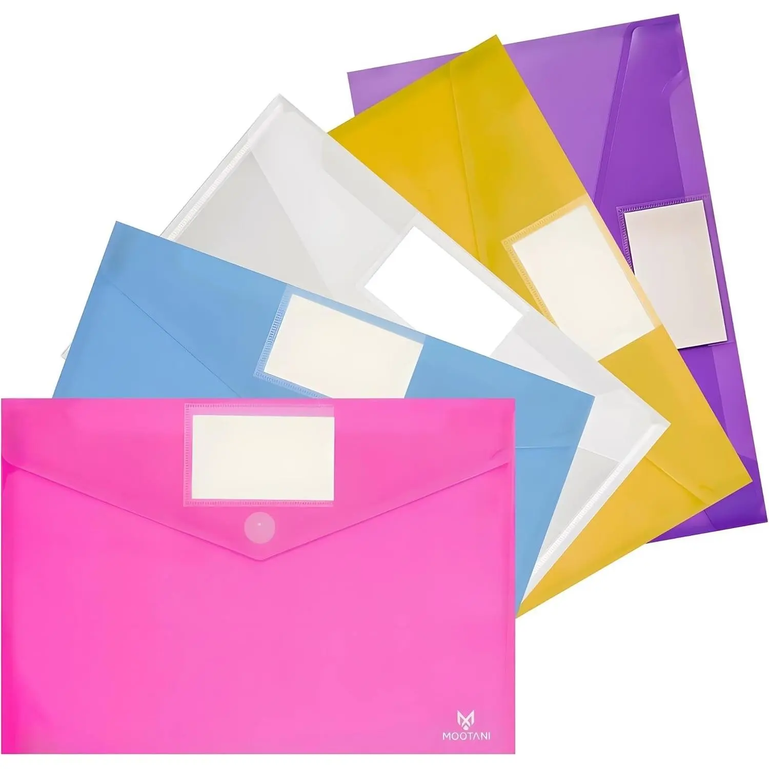 5-Pack Plastic Envelopes with Label Pocket, A4/US Letter Size Poly File Folders, Assorted Colors for Office & Home Use, A4 Size, Poly Folders