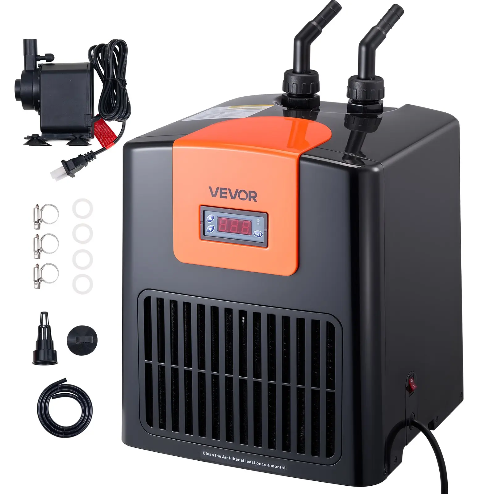 VEVOR Aquarium Chiller 52 Gallon, 1/10 HP Water Chiller for Hydroponics, Fast Cooling for Fish Tank, Axolotl, Coral Reef, Quiet Refrigeration Compressor, Titanium Evaporator, Complete Fittings