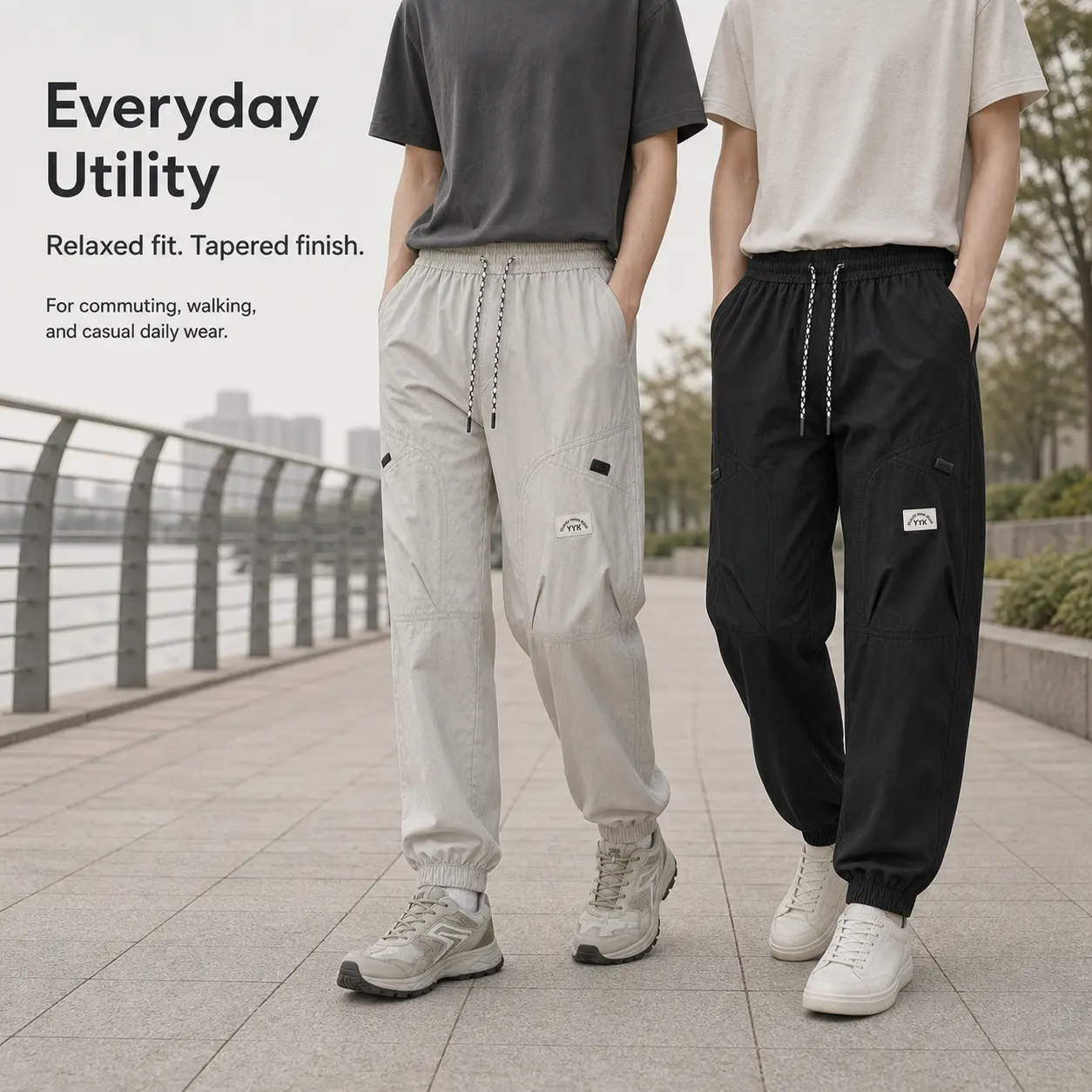 Men's Lightweight Utility Cargo Jogger Pants, Relaxed Fit Casual Streetwear Pants with Elastic Drawstring Waist, Tapered Cuffs, Multi Pocket Design, Breathable Everyday Commuter Pants for Work, Travel, Walking, Outdoor Wear, Beige and Black Daily Fit