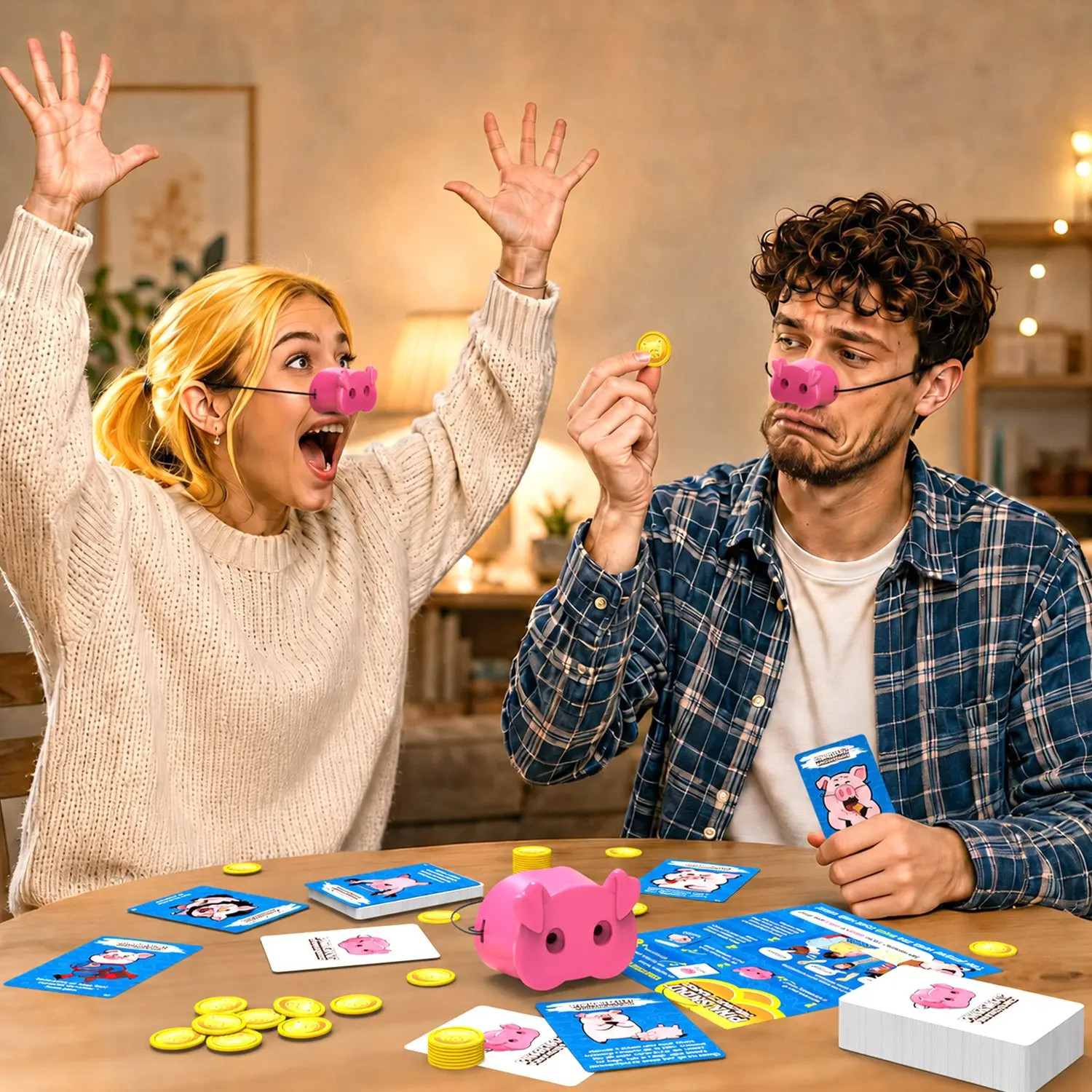 Pig Snort You Laugh You Lose Challenge Party Game, Party Game Set, Family Game Night Board Game with 150 Challenge Cards,5 Pig Snouts&60 Gold Coins, Card Game for Kids &Adults,Family Gatherings, Birthday Party, Ice Breaker Game,2-8 Players, Age 8+