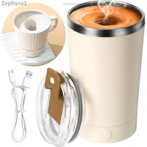 Automatic Self Stirring Coffee Cup 400ML Stainless Steel Beige Silicone Base Electric Drinkware Reusable Washable with Type-C Charging Cable Stackable Mugs Tumbler High Quality Material Easy to Clean Fast Charging - ReuseZephyro DD23NeonNode