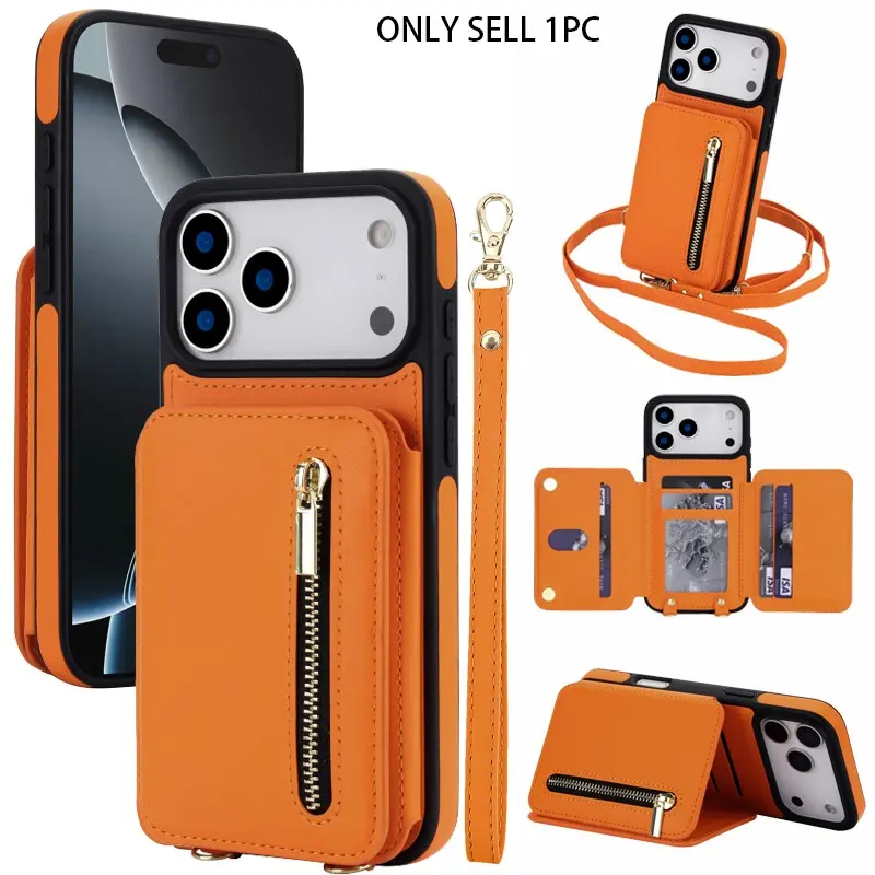 Crossbody Zipper Wallet, Zipper Phone Pouch, PU Leather Phone Case Suitable for iPhone 17, 16, 15, Pro 14, Plus 13, 12, 11, Max Card Opening Bag RFID Shielding Suitable for Women Flip Stand Side Hanging Rope+Wrist Rope