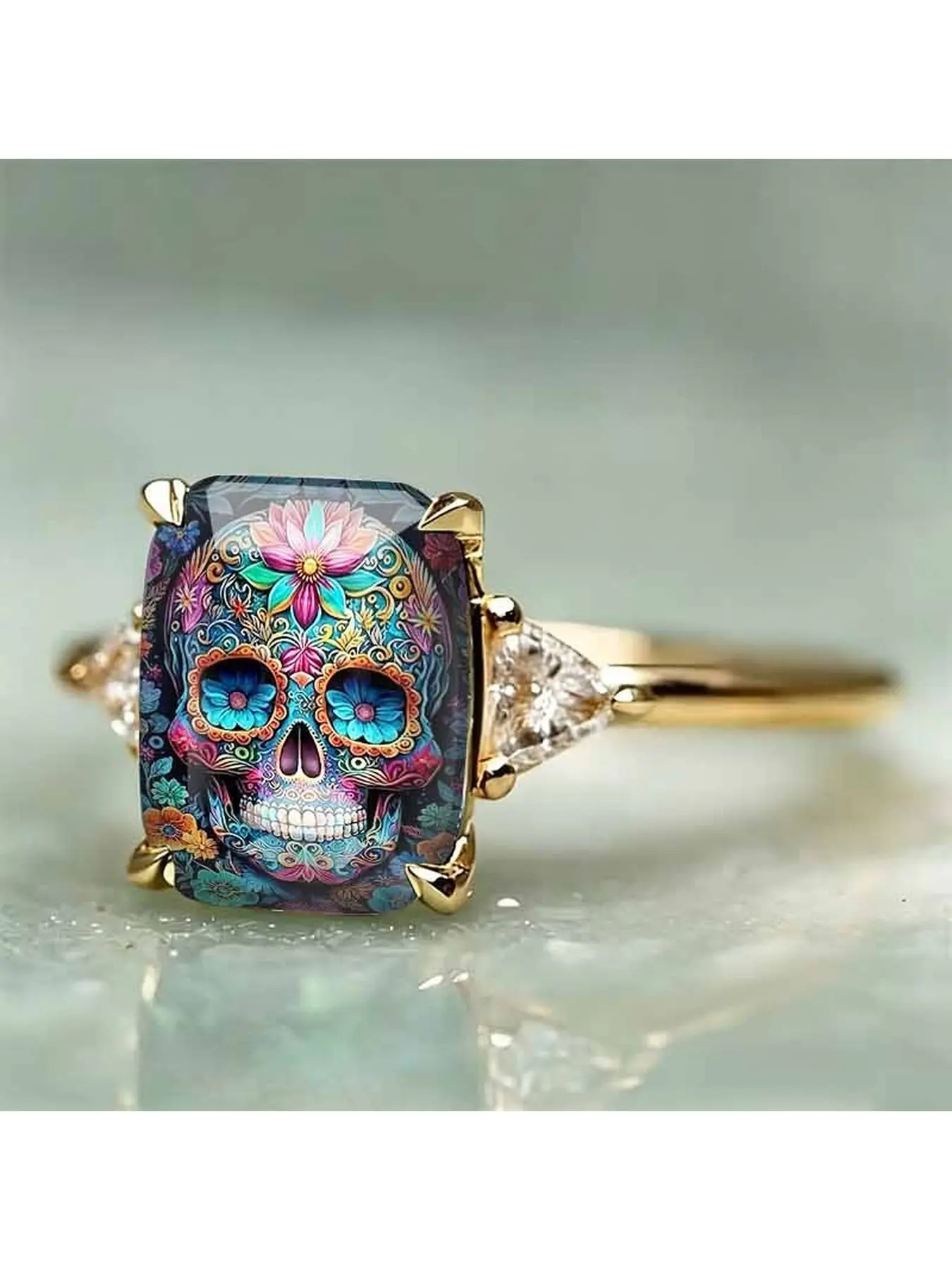 Colored sugar skull printed silver ring for Dia de los Muertos in Mexico, unique and distinctive triangular diamond ring