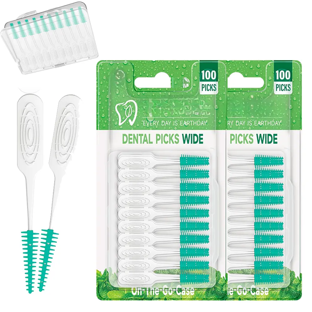 200 Count Wide Gap Mint Dental Picks, 2 Packs Soft Rubberized Interdental Floss Picks, Flexible Gum Massage Tooth Cleaners with Portable Storage Case for Wide Teeth Spacing & Braces Oral Care