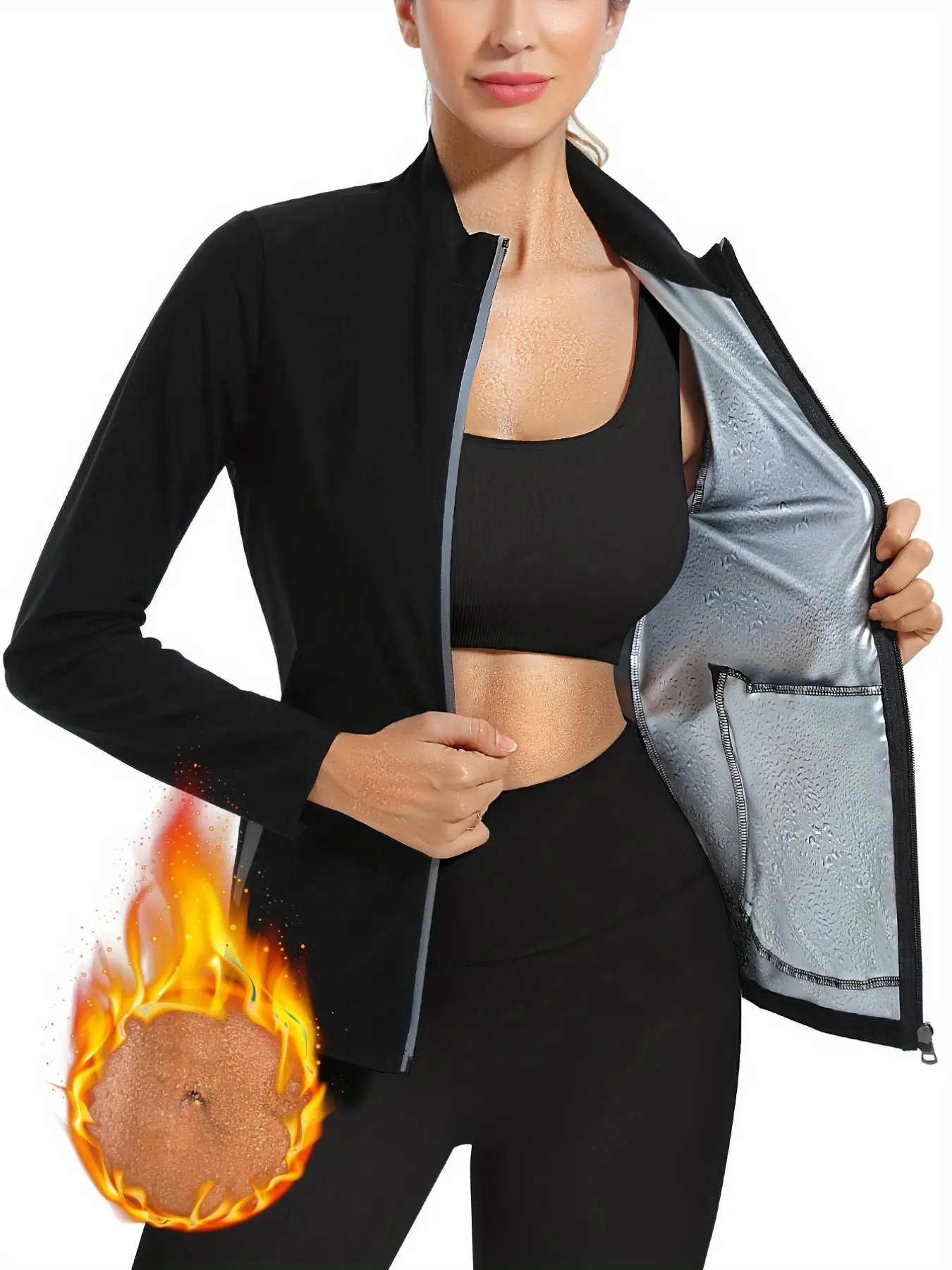 Women's Sauna Sweat Sports Jacket, Insulated Zipper Fitness Top, Long Sleeve Warmth Retention Sport Coat, Ideal for Gym, Running, Training, Aerobics