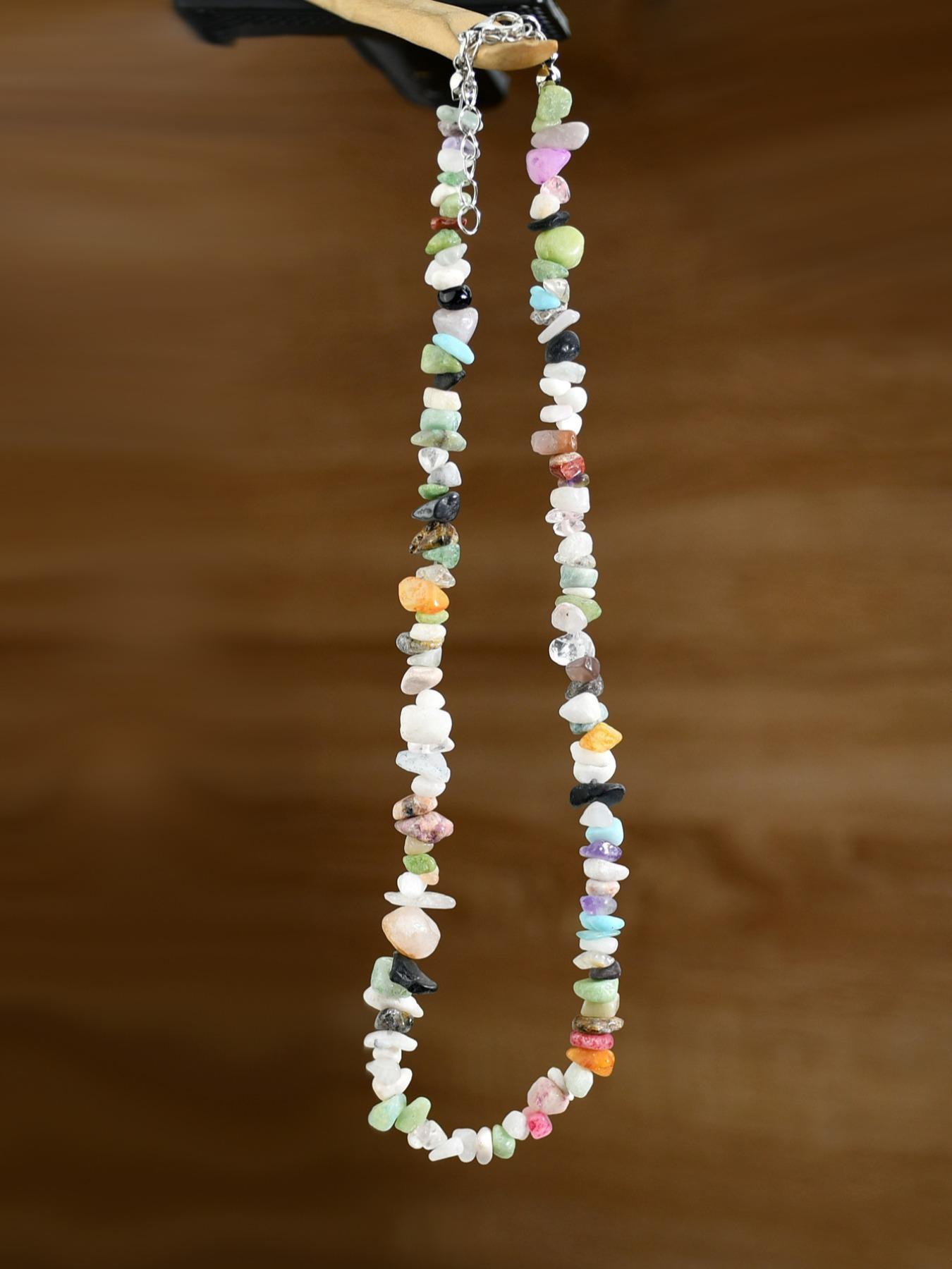 Random Pattern Artificial Gemstone Decor Beaded Necklace (1 Piece), Boho Style Jewelry For Women & Men, Fashion Accessories For Party, Daily Clothing Decor, Trendy Charms Necklace