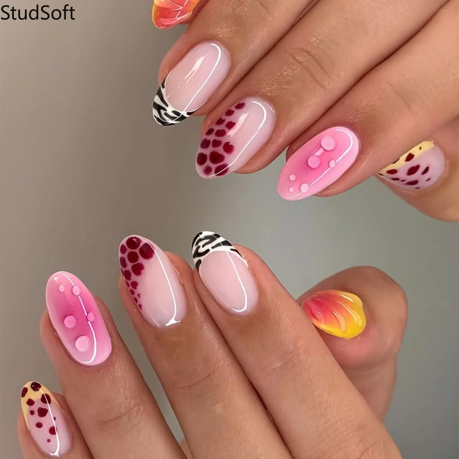 24pc Y2K Zebra Press on Nails Pack French Almond Fake Nails Leopard Heart 3D Waterdrop Long False Nails Bulk Multi-Size Summer Beach Jewelry,back to school,back to school haul