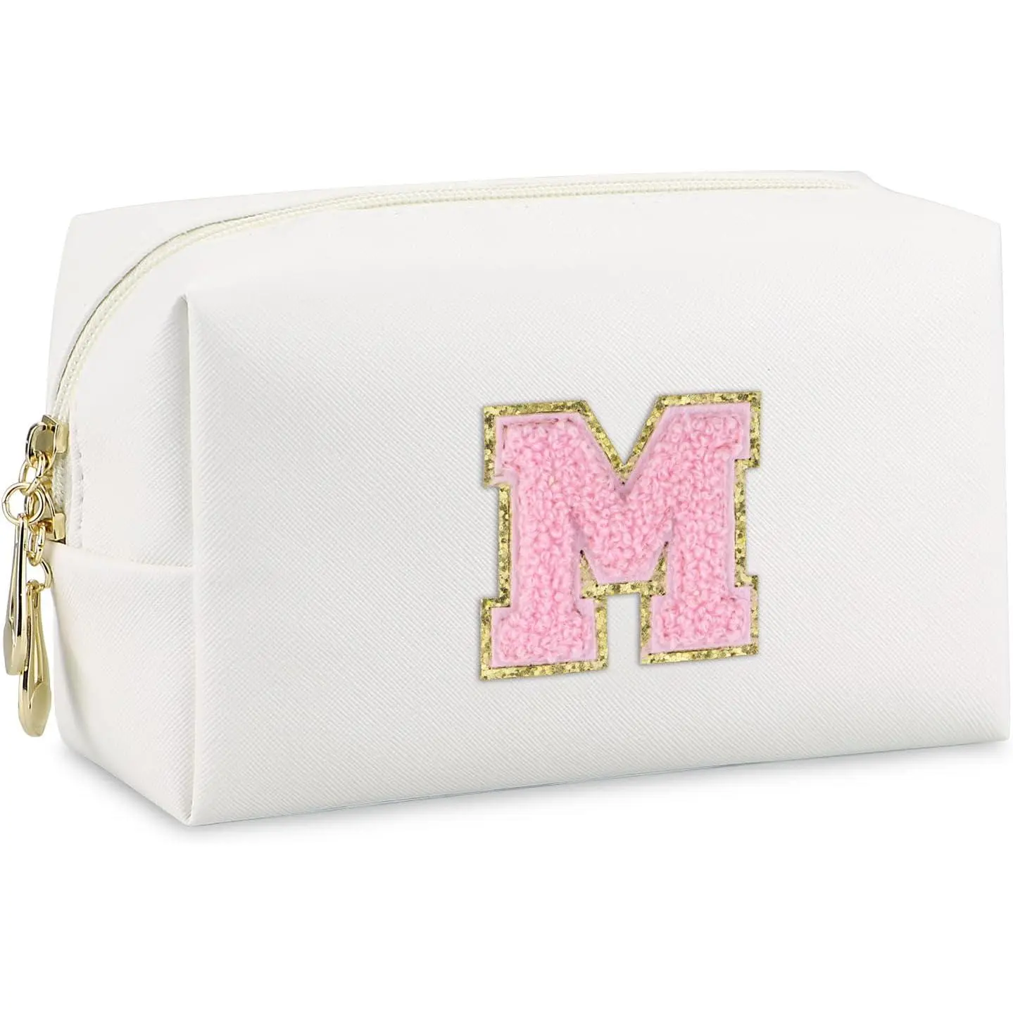 Initial Makeup Bag,Personalized preppy bag  PU Leather Chenille Letter  Bag,Portable Travel Toiletry Bag Monogram Birthday  for Women Girls Mom  (Letter M)