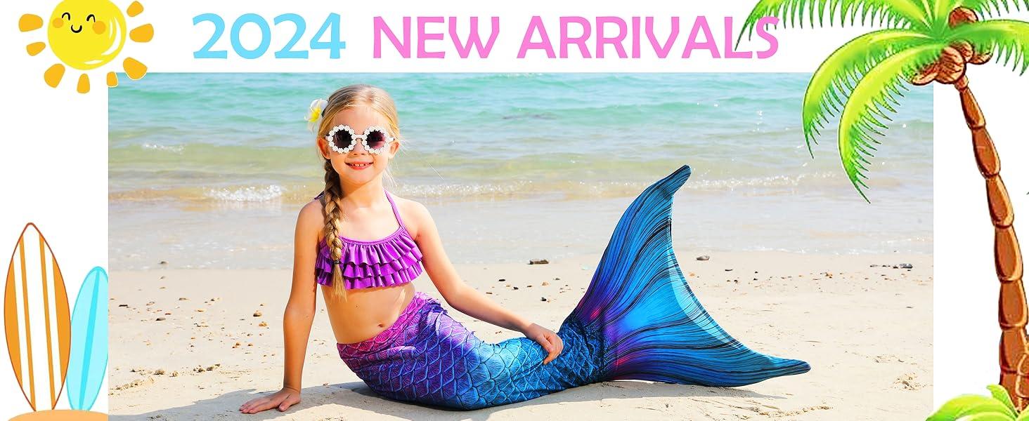 Girls 4‑Piece Teal Blue Gradient Mermaid Tail Swimsuit Set with Monofin, Striped Ruffled Bikini Bathing Suit for Kids Pool Beach Summer Swimming