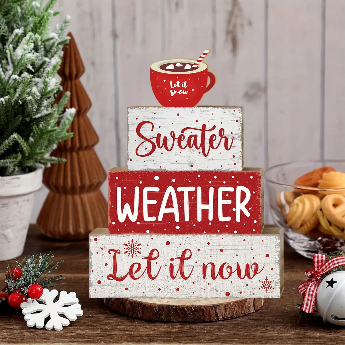 4pcs Wooden Christmas Decorative Plaques & Ornaments, Hot Cocoa Cup Tiered Tray Decor, Christmas Centerpiece, Hot Cocoa Cup Block Signs Gift, Farmhouse Winter Table Decoration for Home