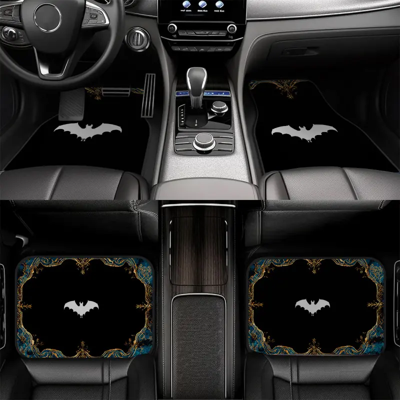 4-piece black background with white bat pattern car floor mats - printed design, non-slip polyester mats - suitable for all weather conditions, ideal for sedans, trucks, and SUVs - perfect gift
