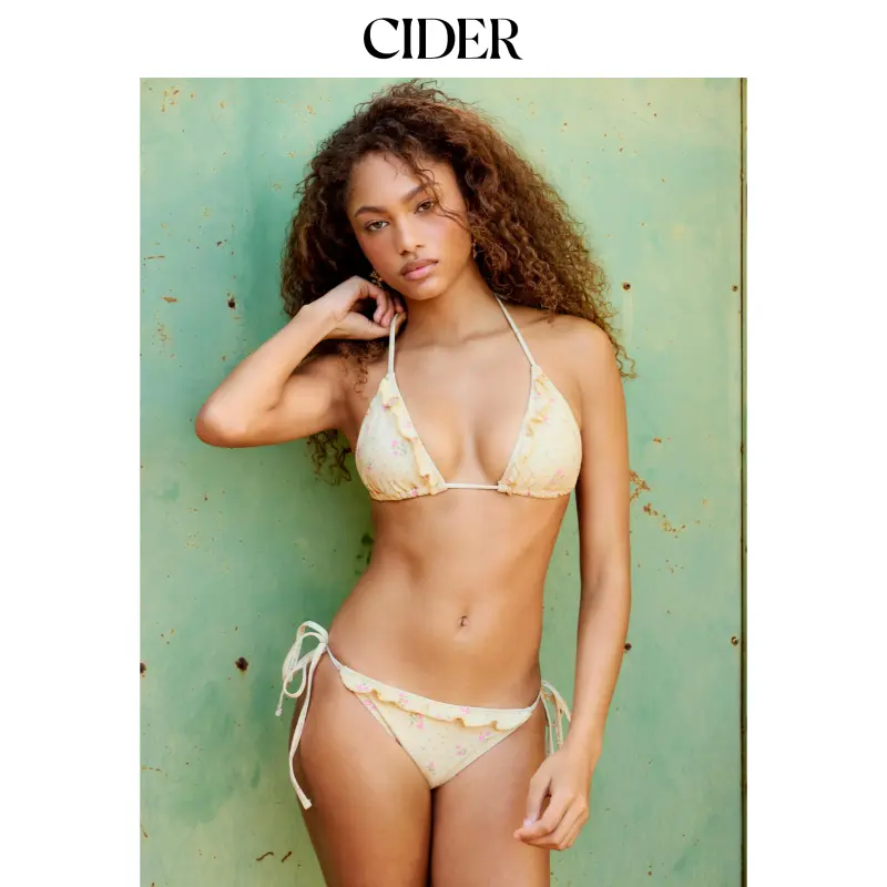 Cider Floral Ruffled Halter Triangle Tie Side Bikini Set