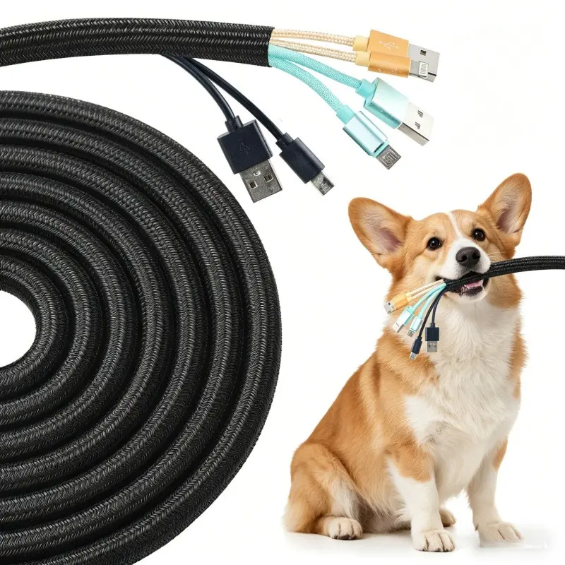 10mm Diameter 10ft Pet-Proof Spiral Cable Protector Sleeve, Bite Resistant Anti-Chew Wire Cover for Cats & Dogs, Home Cable Organizer with Fixed Straps