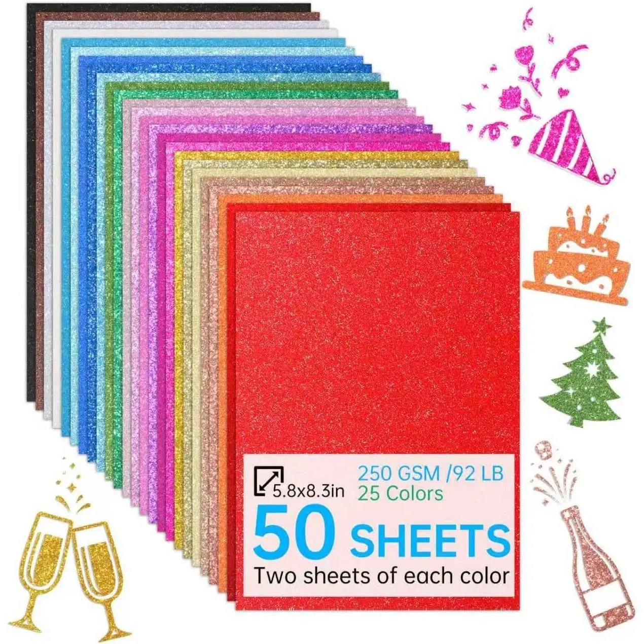 50 Sheets in 25 Colors Glitter Cardstock, Standard A5-Size Glossy Cardstock, Premium No-Shed Sparkly Cricut Cardstocks for Crafting Decorations, Cards, Scrapbooks, And DIY Projects