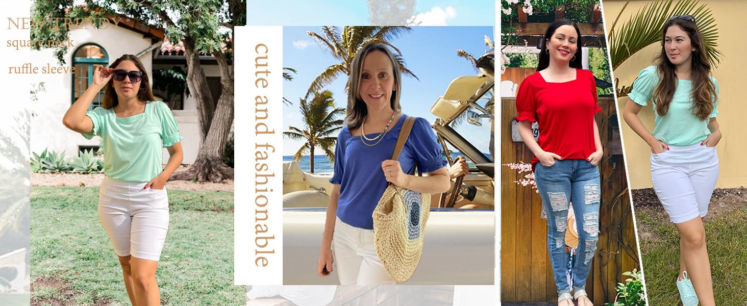 WIHOLL Tops for Women Summer Casual Ruffle Trim Sleeve Square Neck T Shirts