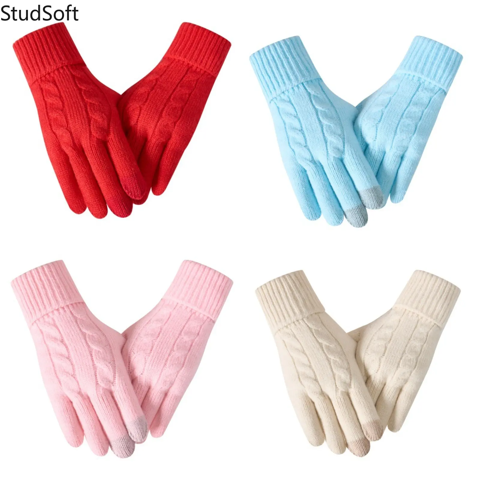 1Pair Winter Knit Gloves Warm Touchscreen Mittens for Women Men 4 Colors Choice Cable Knit Elastic Ribbed Cuff Thermal Hand Warmer Casual Outdoor Ski
