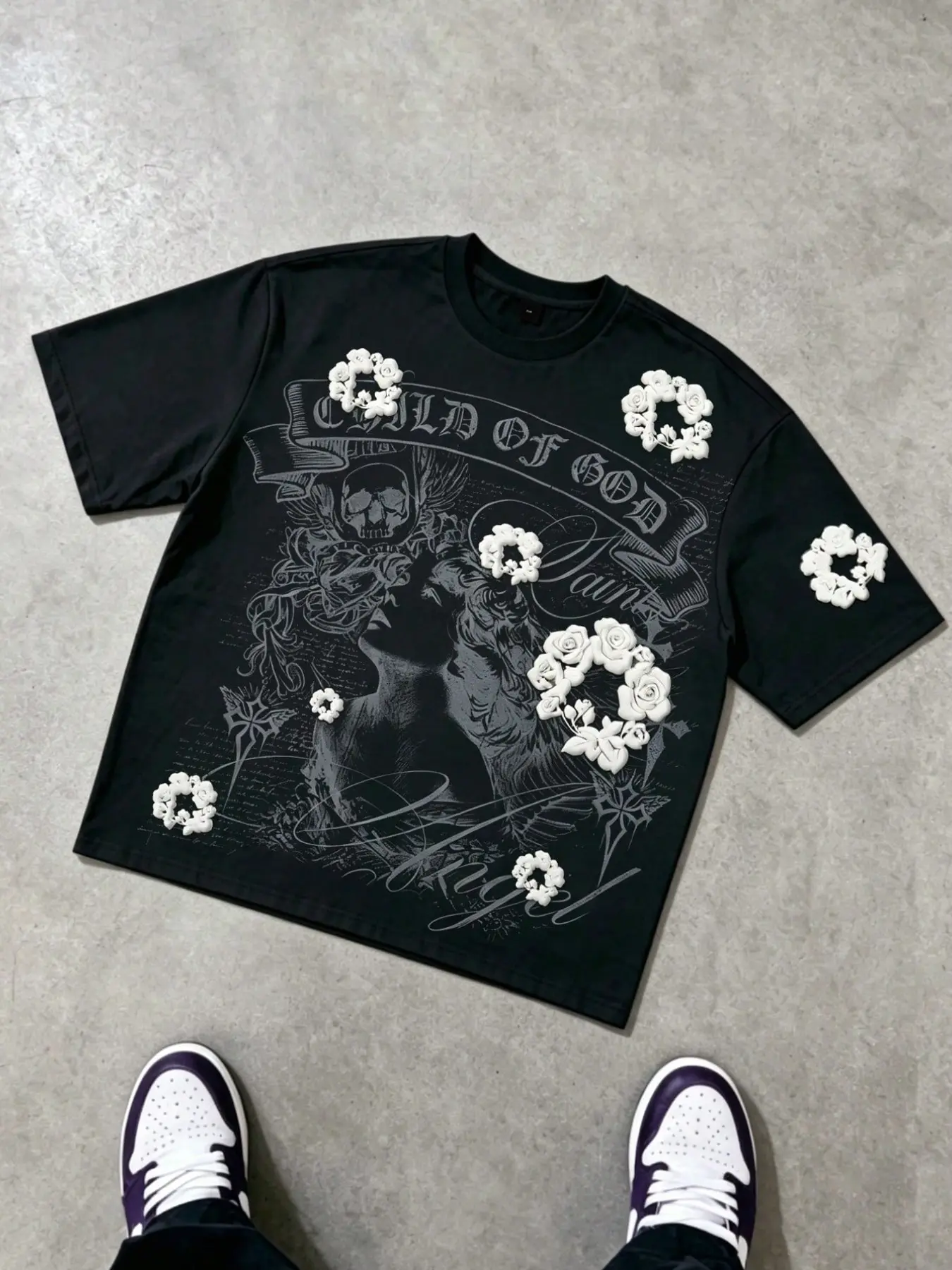 Dark Street Rose Flower Floral Short Sleeve T-Shirt, Unisex Gothic Streetwear Style, Vintage Angel Skull Cross Print, Loose Fit, Y2K Fashion, Couples Top