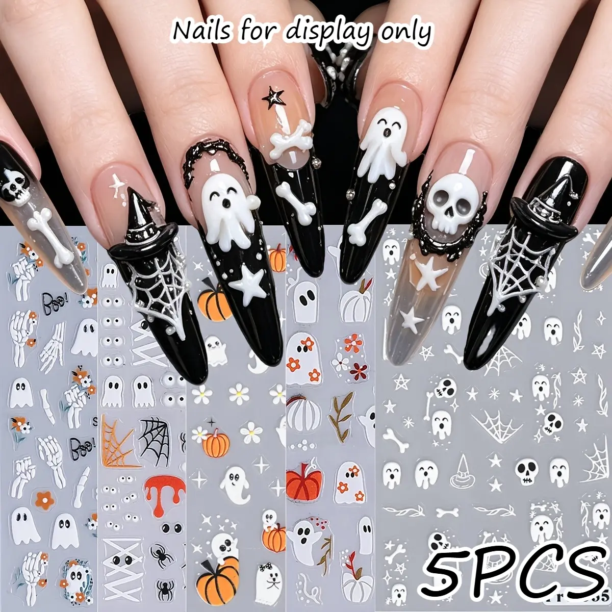 5 Sheets 5 Styles 5D Embossed Halloween Nail Stickers Cute Ghost Pumpkin Skull Bone Spider Web Witch Hat Gothic Self Adhesive Nail Decals For Halloween Party Salon Daily Women DIY Spooky Holiday Manicure Decor Supplies Nail Design Stickers