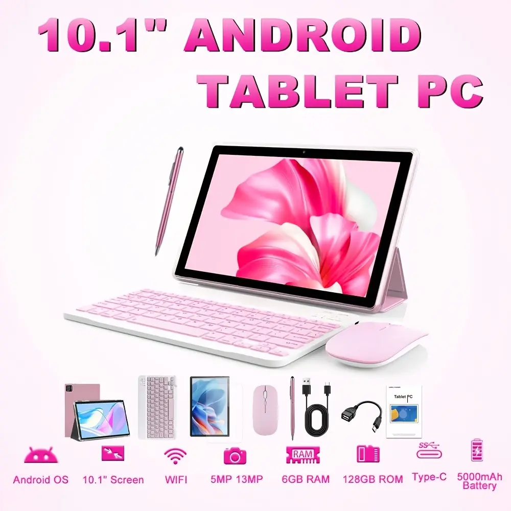 CRELANDER Android Tablet,10.1 Inch Tablets with Octa Core Processor, 12GB RAM 128GB ROM, 5000mAh Battery, 2.4/5Ghz Dual WiFi/GPS/FM, 5/13MP Cameras, Case Included, Pink