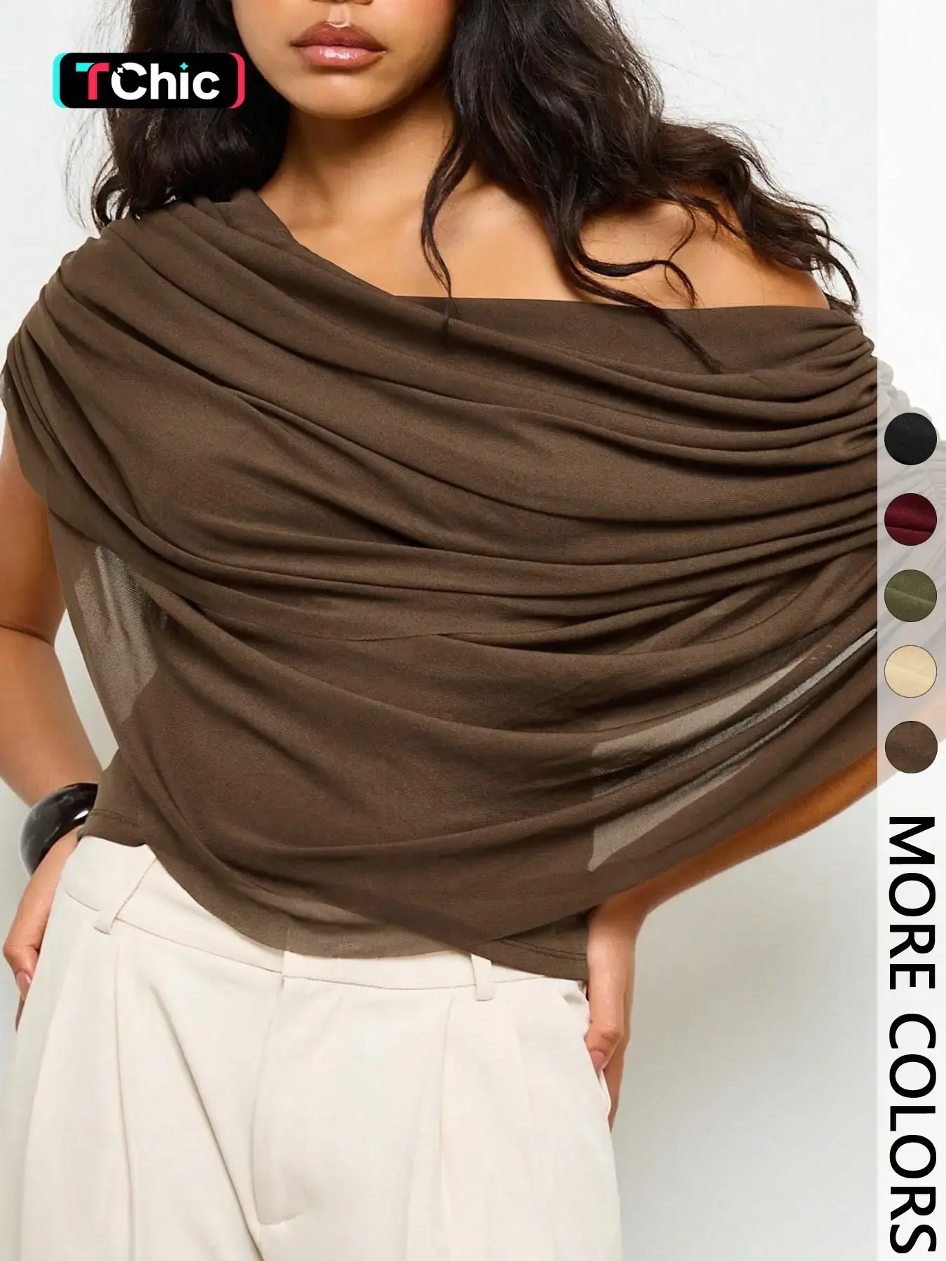 Women's Brown Off-Shoulder Draped Blouse - Sheer Asymmetrical Top for Office & Casual Outings | Elegant Trendy Chic Quiet Luxury, Viral TikTok Top