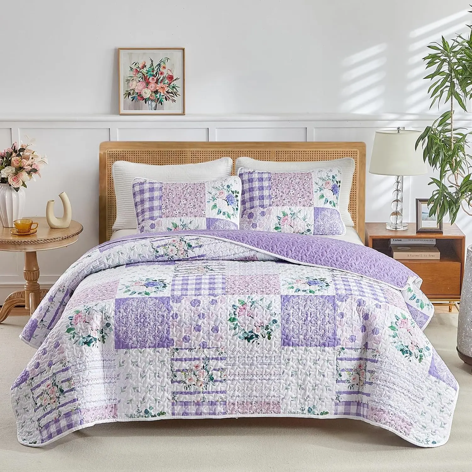 3 Pieces Floral Quilt Set Queen, Patchwork Purple n Pink Flowers Design, Smooth Soft Microfiber Quilt, Bedspread Bed Cover for All Season, 1 Quilt and 2 Pillow Shams- 90x90 inches