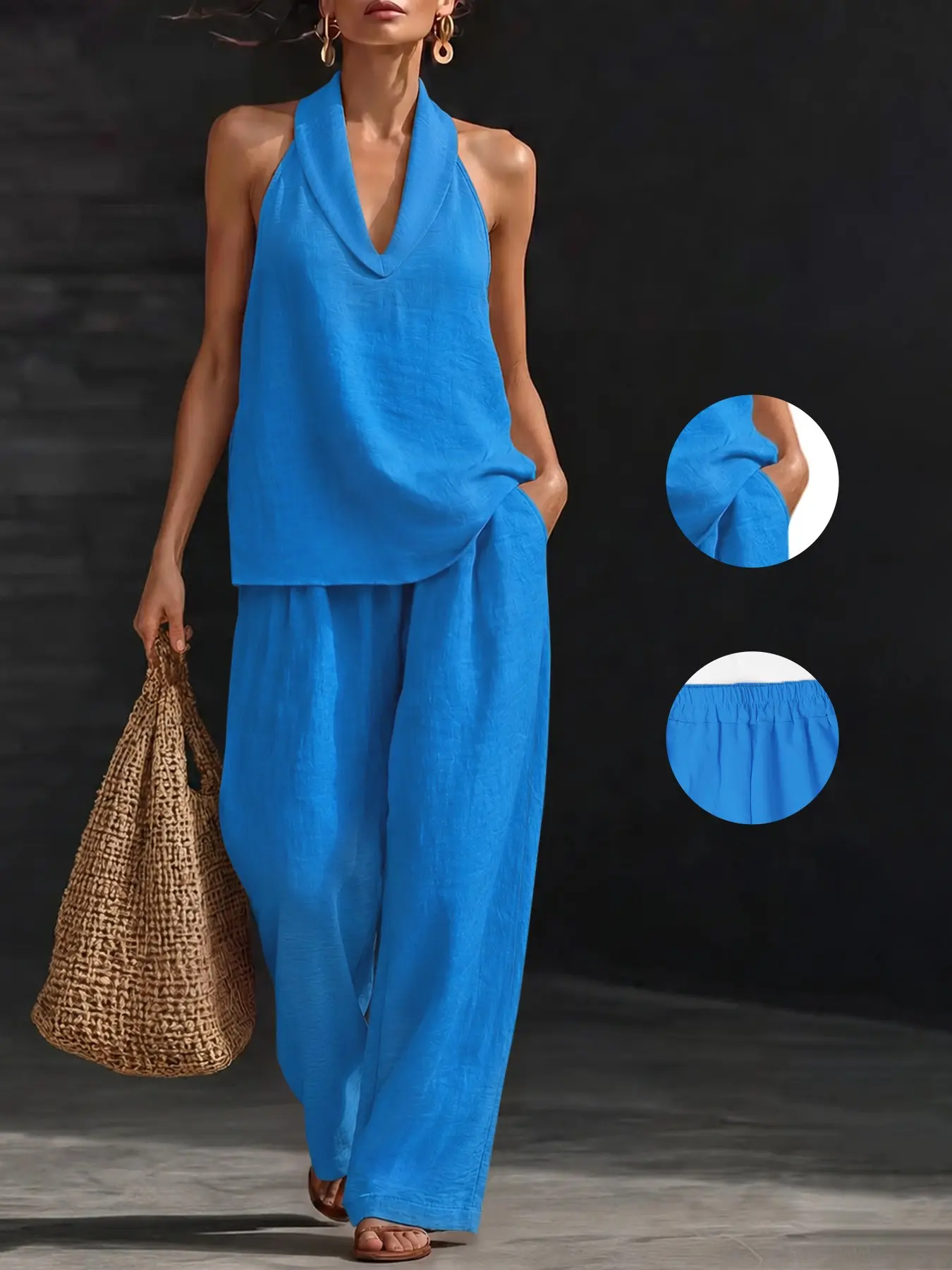 Women Halter V Neck 2 Piece Set, Sleeveless Collared Top, Elastic Waist Wide Leg Pants, Side Pockets, Breathable Casual Vacation