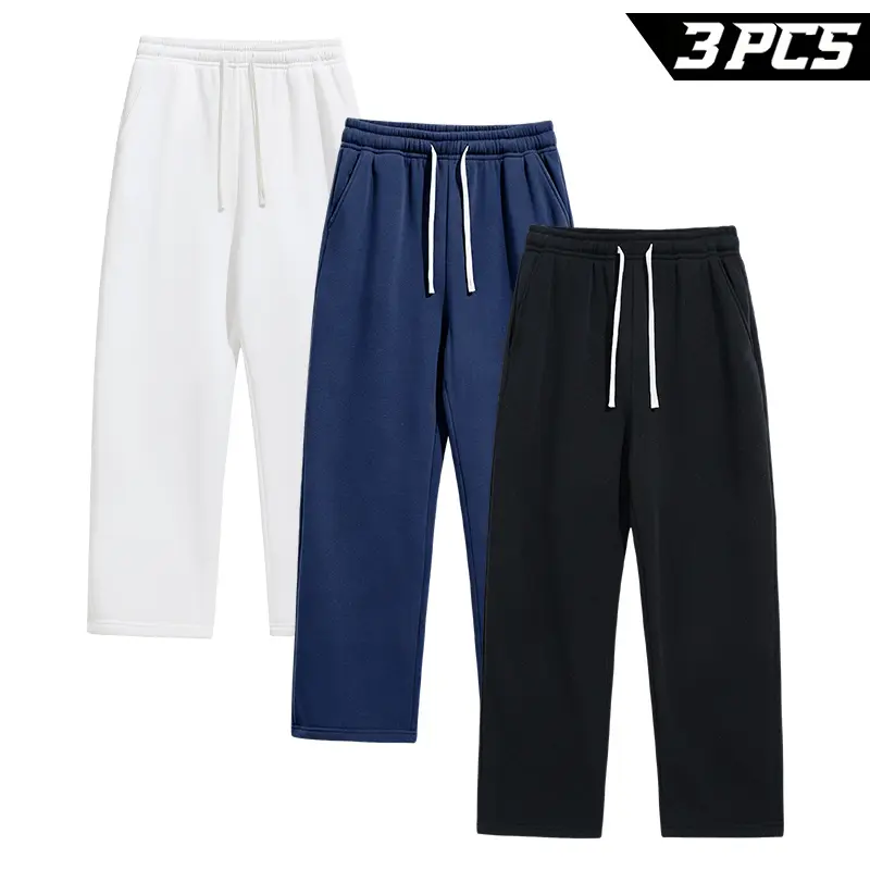 Men's 3-Pack Drawstring Lounge Sweatpants, Loose Wide-Leg Straight Fit with Elastic Waist and Side Pockets for Gym, Travel and Home