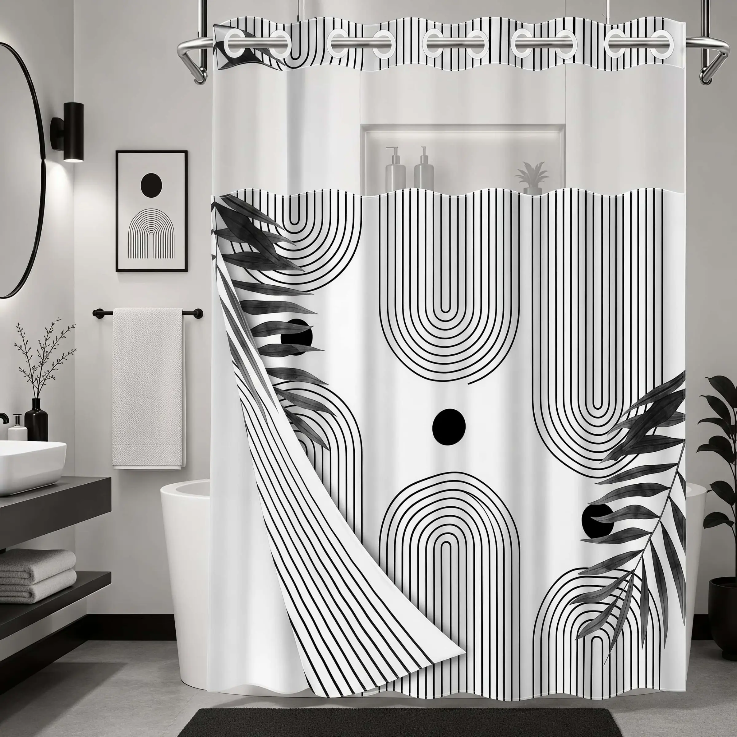 1 Piece No Hook Double Layer Shower Curtain, Printed Shower Curtain, Boho Geometric Line Print, Waterproof, Mildew Resistant, Durable Fabric, Home Decor, Removable Liner, Top See-Through Window, Partition Curtain, Waterproof Bathroom Curtain 71"×74