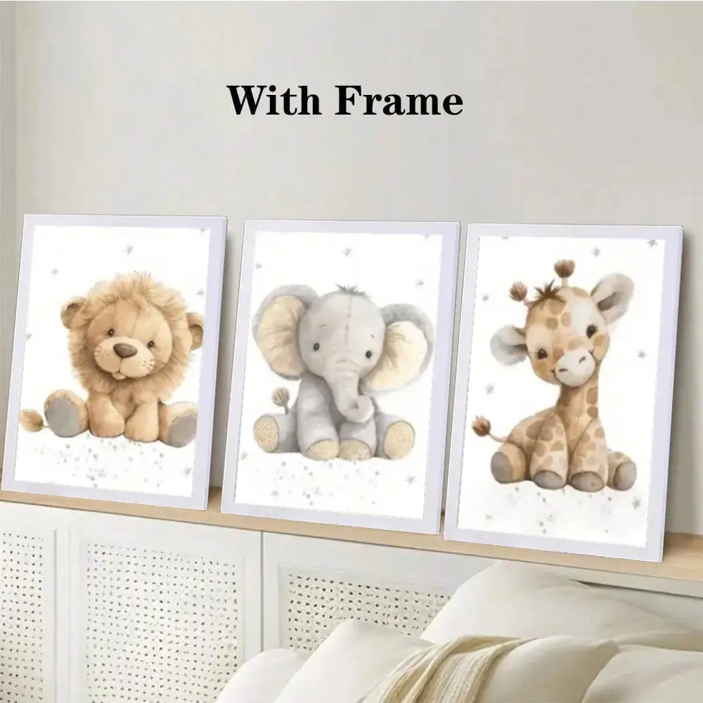 3 Piece Kids Baby Wall Art Set, Wildlife Giraffe Lion Elephant Prints Animal Art, Framed & Unframed Options, Child Room Decor, Gallery Art