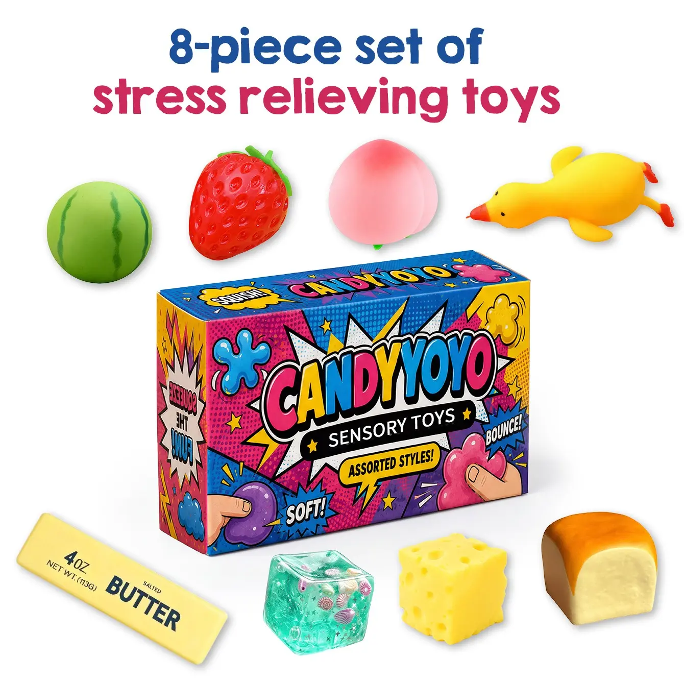 8-Piece Sensory Stress Relief Toy Set, Candyyoyo Squishy Gift Box, Soft Rebound Fruit Animal Shapes, Anxiety Relief, Anxiety Fidgets, Birthday Present