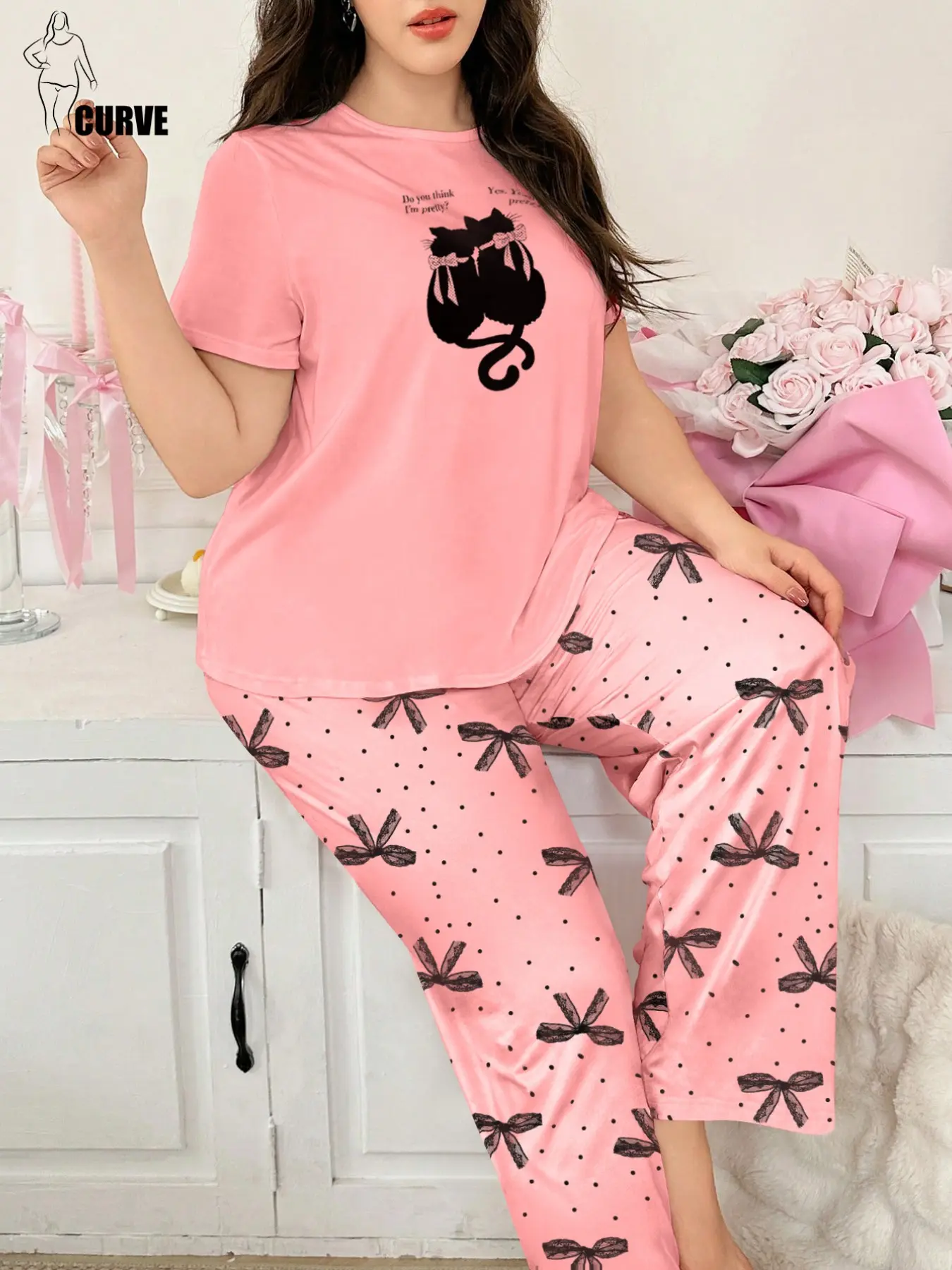 Plus Size Cat Print Short Sleeve Pajama Set, Bowknot Polka Dot Wide Leg Pants, Two Piece Home Wear for Women