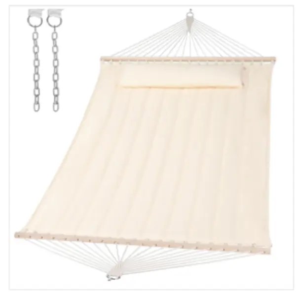Garvee High-Quality 2 Person Quilted Cotton Rope Hammock with Adjustable Steel Frame – Wooden Spreader Bar, Removable Pillow, Side Storage Pockets, Carabiners – Heavy Duty 500lbs Capacity for Patio, Backyard, Garden, Beach