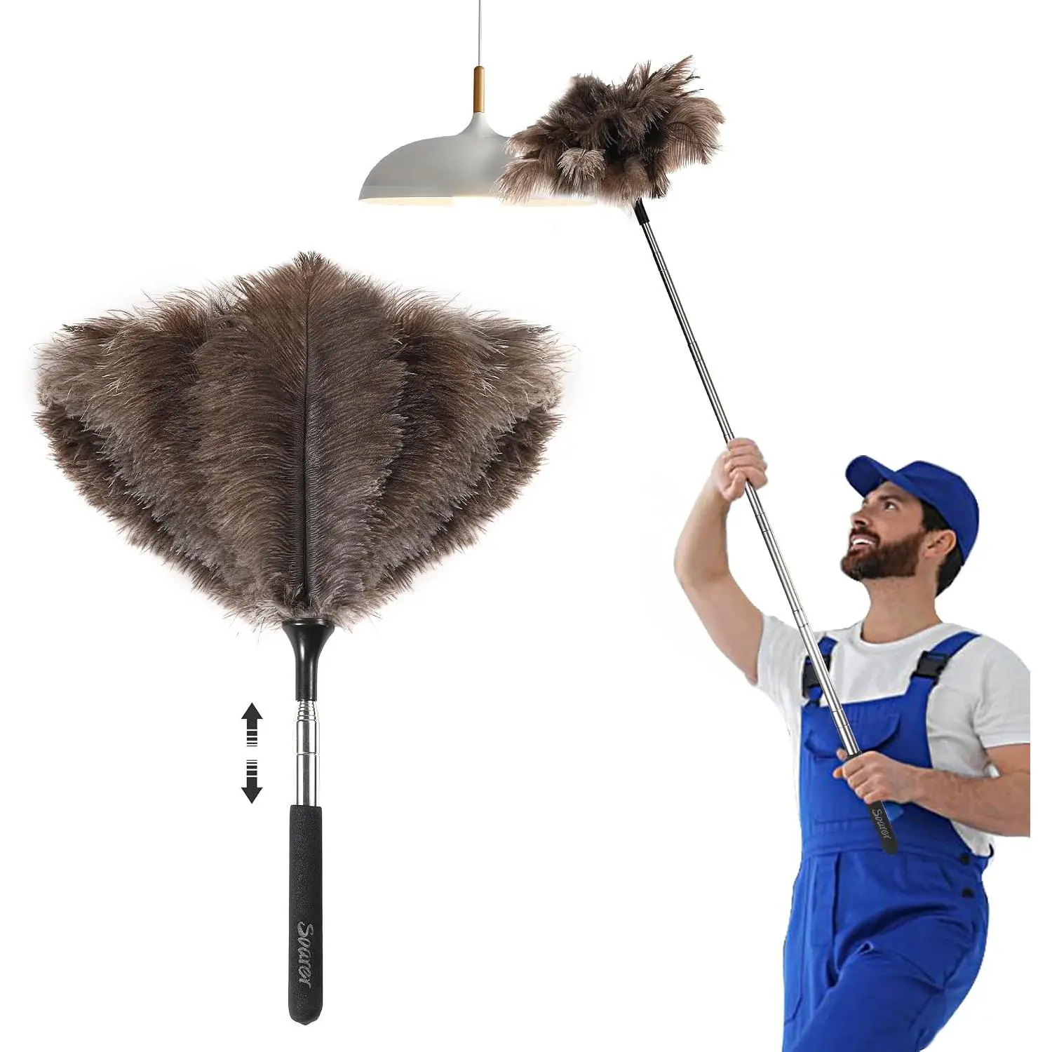 Extendable Ostrich Feather Duster - 40 inches Fluffy Long Handle Reusable Feather Duster for Cleaning Ceiling Fan,Pendant lamp, High Ceiling, Blinds, Furniture