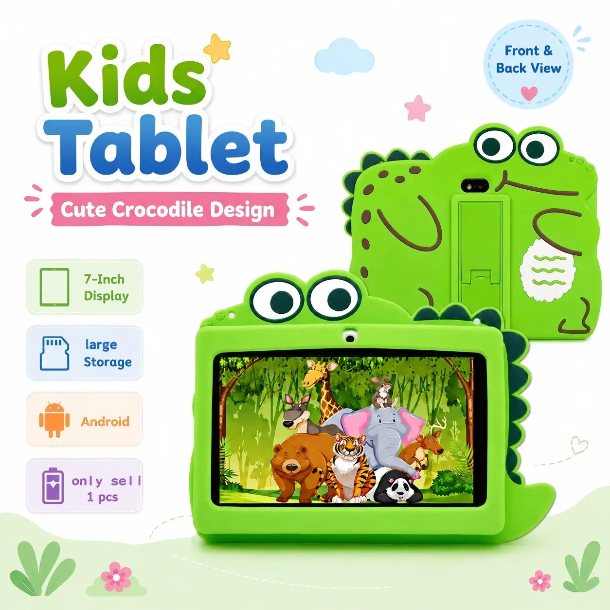 Crocodile Kids Tablet 7-Inch, Android Os, Dual Camera, Quad-Core Processor, 16GB Storage, Parental Control, WiFi & Bluetooth-compatible, Shockproof Case