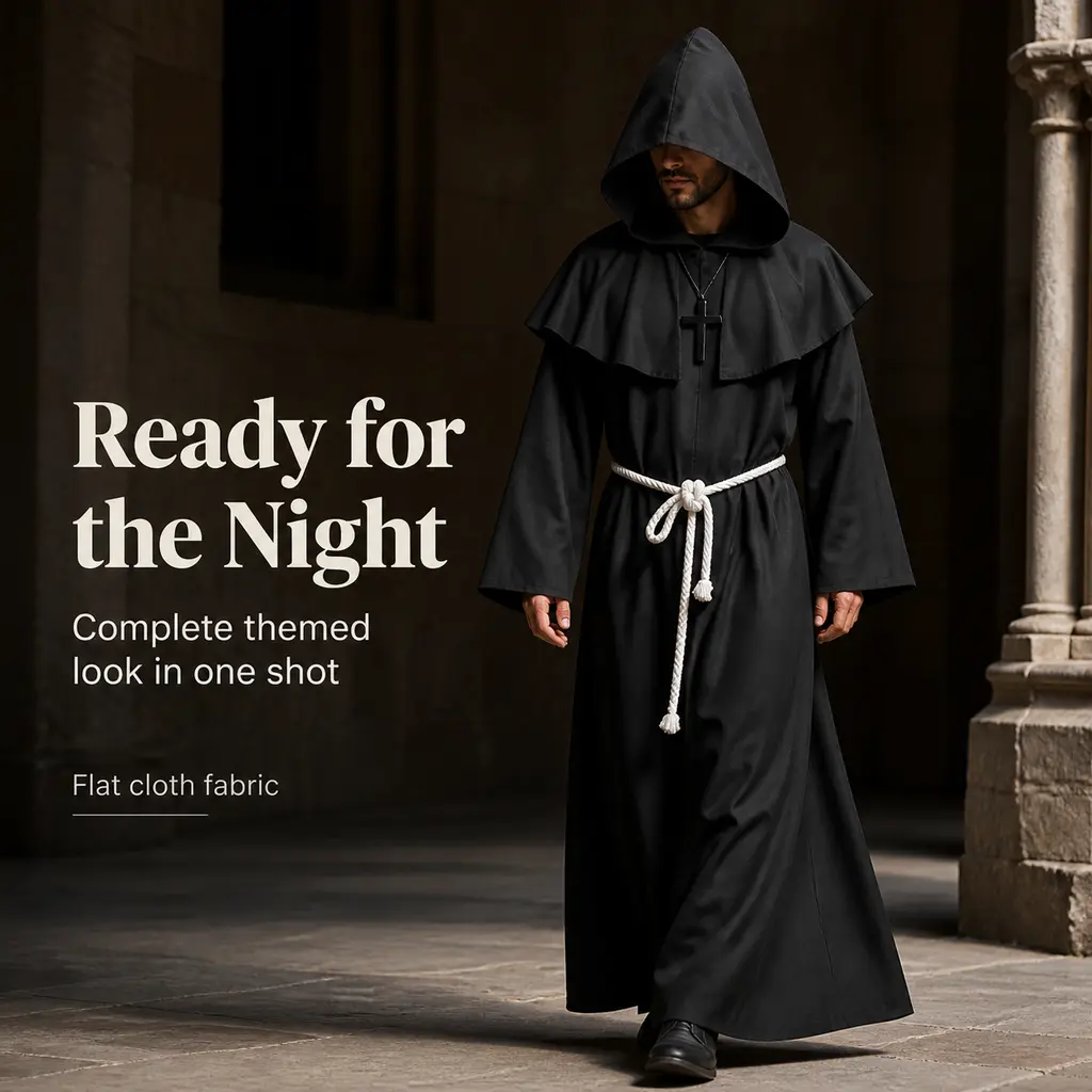 Men's Black Medieval Monk Hooded Robe Costume Set - Friar Long Robe with Rope Belt, Cross Necklace, Vintage Priest Tunic for Halloween, Cosplay