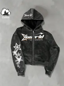 Unisex Street Style Zip Hoodie Jacket, Spring & Fall Thin Cotton Sweatshirt, Xworld Logo Star Pattern, Y2K Campus Hip Hop Fashion