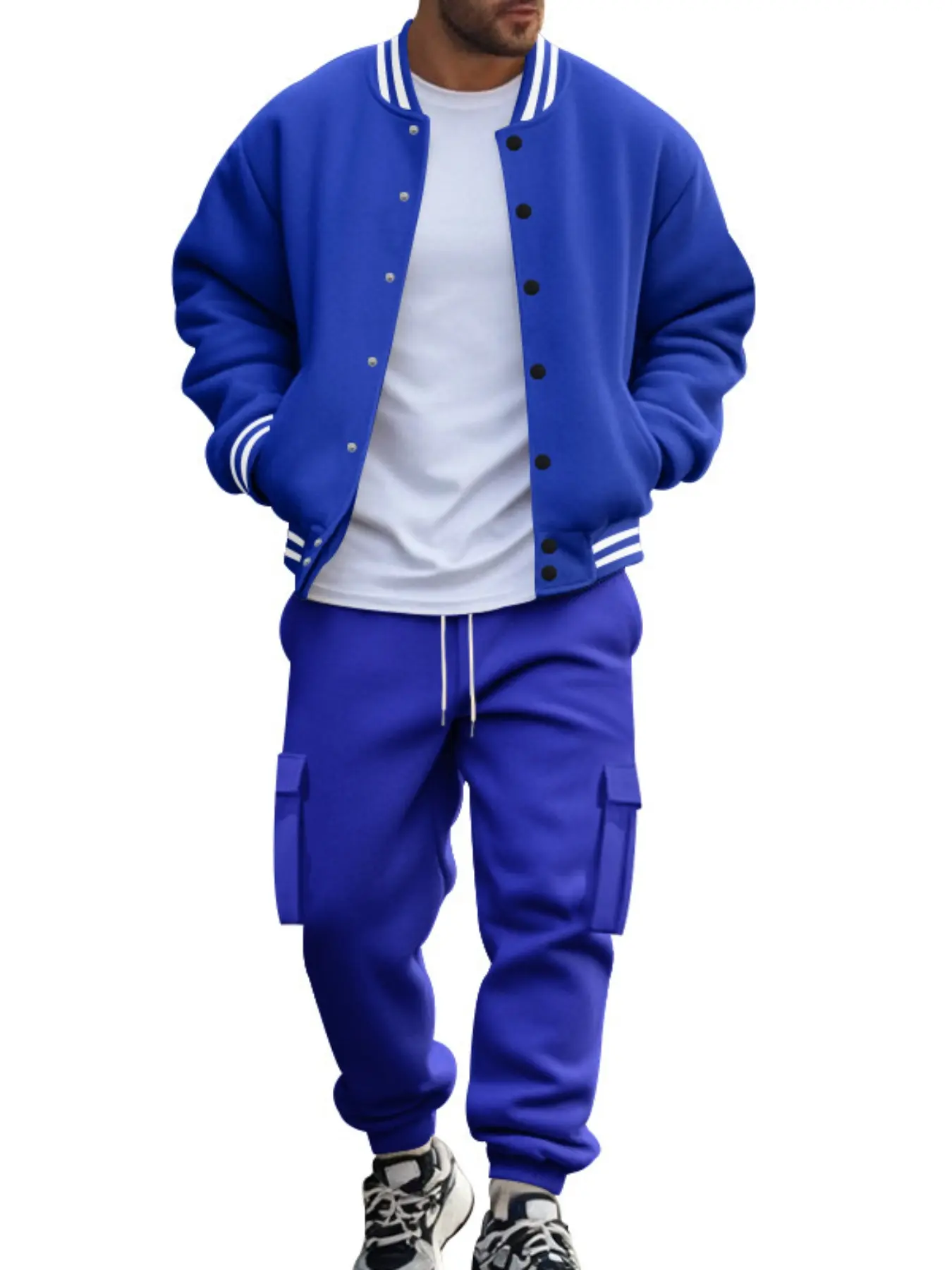 American Stand Collar Baseball Jacket Long Pants Set, Casual Outerwear for Men, Loose Fit Sports, Comfortable and Stylish