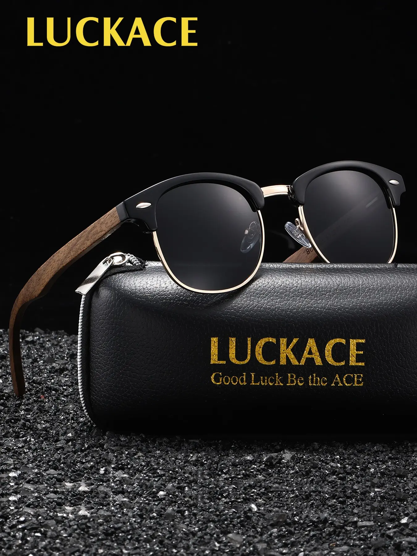 LUCKACE Retro Clubmaster Polarized Sunglasses for Men, Wooden Temples Semi-Rim Frame, UV400 Protection Anti-Glare Shades, Fashion Eyewear for Driving, Fishing, Street Wear and Outdoor Travel