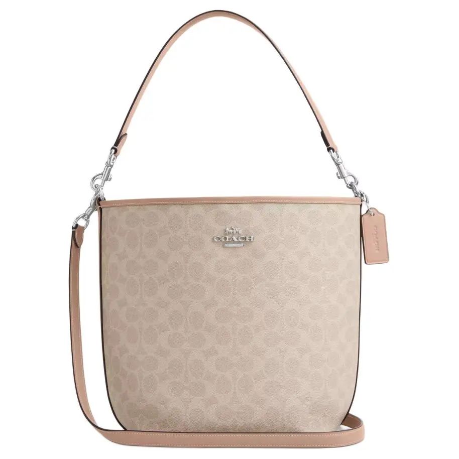 Coach City Bucket 34 Handbag for Women – Detachable Strap, Snap Closure, Coated Canvas and Leather, Large, Sand and Taupe