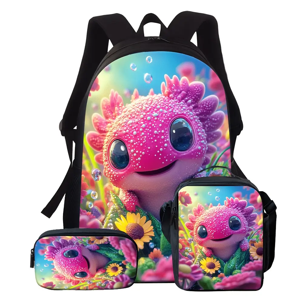 3pcs Cute Pink Axolotl Flower Print Backpack Set for Students School Daily Use And Outdoor Travel Activity