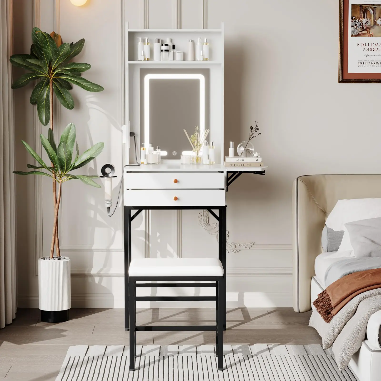 Compact Makeup Vanity Desk with Adjustable LED Mirror – 2 Drawers, Hair Dryer Holder, Collapsible Panel – Ideal Dressing Table for Small Bedrooms and Tiny Spaces